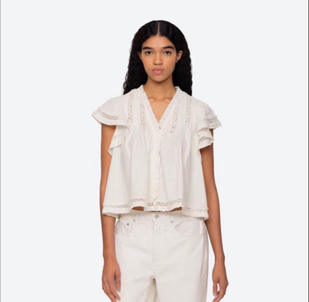 【212bleecker】Lace Trim Ruffle Sleeve Blouse