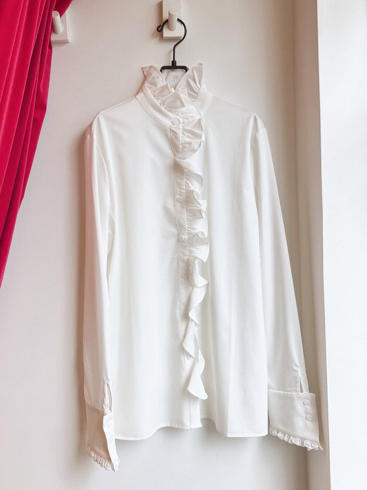 【212Bleecker Luxe】Lily Floral Lace Flare-Sleeve Top White／ラッフルハイネックブラウス