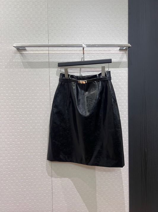 【212Bleecker Luxe】Simone Belted Leather Skirt BLACK