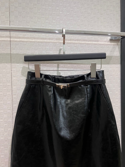 【212Bleecker Luxe】Simone Belted Leather Skirt BLACK