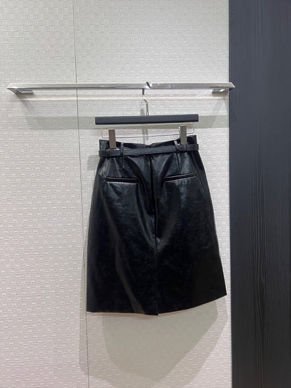 【212Bleecker Luxe】Simone Belted Leather Skirt BLACK
