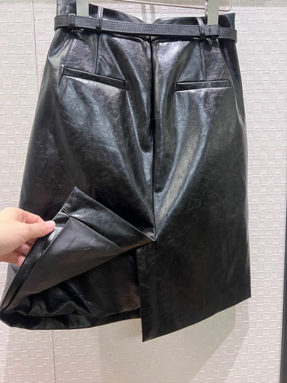 【212Bleecker Luxe】Simone Belted Leather Skirt BLACK