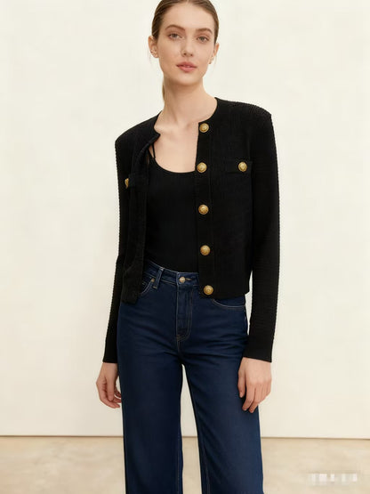 【212Bleecker Luxe】🖤 Medallion Button Textured Knit Cardigan（メダリオン・ボタン・テクスチャード・ニットカーディガン）