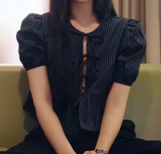 【212bleecker】Striped Lace-Up Puff Sleeve Blouse