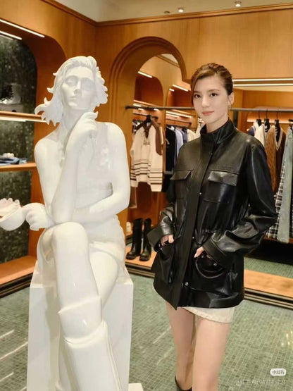 【212Bleecker Luxe】Claudia Black Faux Leather Field Jacket